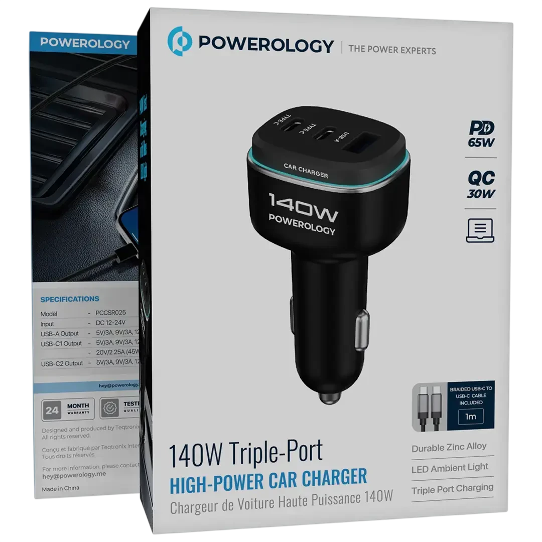 Powerology 140W Triple-Port High-Power Car Charger with USB-C to USB-C Cable