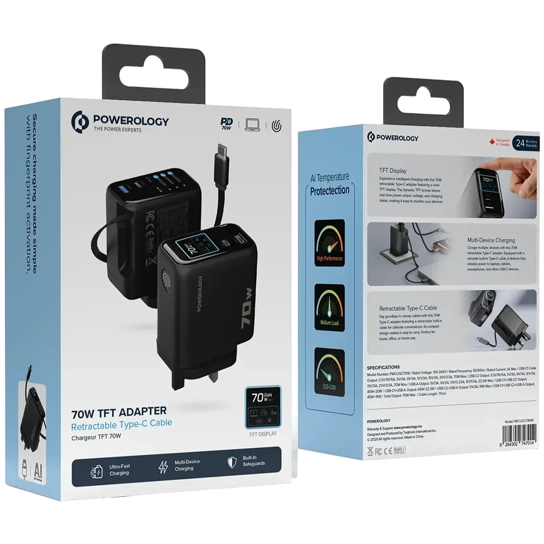 Powerology 70W TFT Adapter with Retractable Type-C Cable - Black