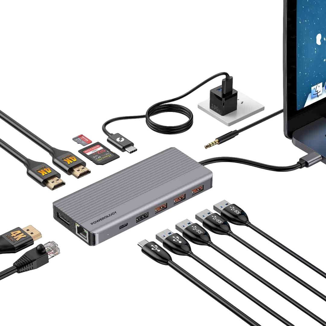 Powerology 13-in-1 Dual HDMI & DisplayPort USB-C Hub Ethernet - Gray