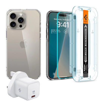 Spigen iPhone 15 Pro Max Pack (Screen protector + Crystal Flex Clear Case + Spigen 27W charger)