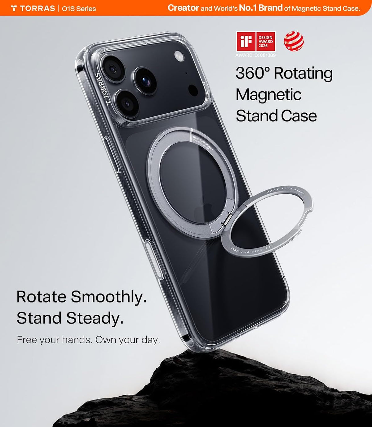 Torras Ostand O1 Guardian Case for iPhone 18 Pro Max - Clear 