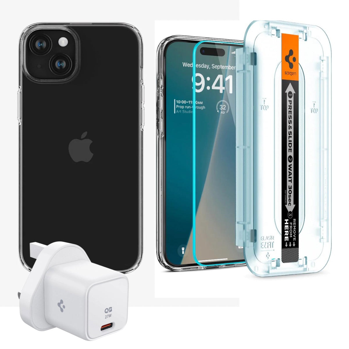 Spigen iPhone 15 Pack (Screen protector + Crystal Flex Clear Case + Spigen  27W ArcStation 27W Wall Charger) - Best prices in the UAE