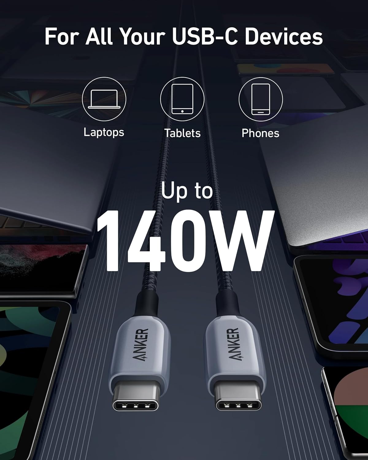 كابل أنكر 765 USB-C إلى USB-C (140 واط 6 قدم / 1.8 متر نايلون)