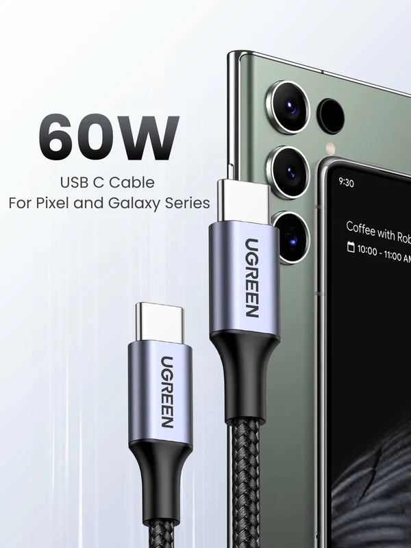 كابل شاحن Ugreen USB-C إلى USB-C 60 واط (مضفر) - 1 متر