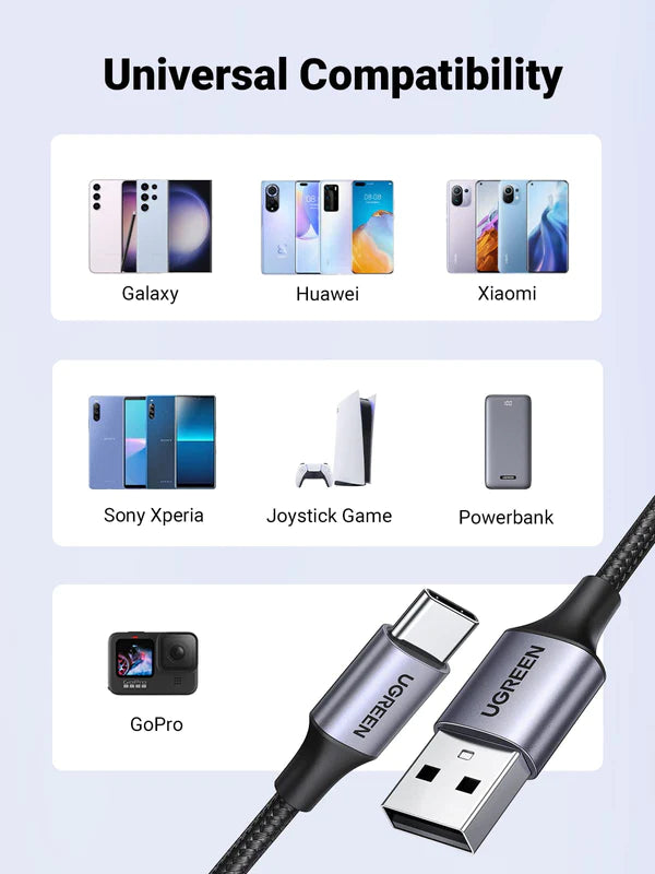 كابل Ugreen USB-A إلى USB-C (مضفر من النايلون) -1 متر