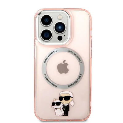 حافظة شفافة من السيليكون مع شعار Karl & Choupette باللون الوردي من Karl Lagerfeld لجهاز iPhone 16 Pro Max
