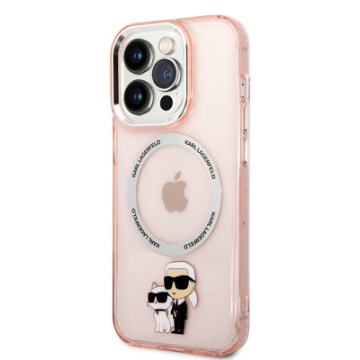 حافظة شفافة من السيليكون مع شعار Karl & Choupette باللون الوردي من Karl Lagerfeld لجهاز iPhone 16 Pro Max