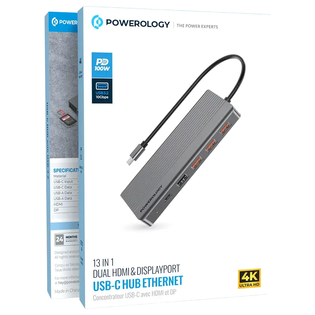 Powerology 13-in-1 Dual HDMI & DisplayPort USB-C Hub Ethernet - Gray