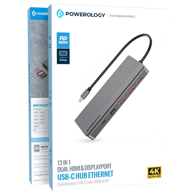Powerology 13-in-1 Dual HDMI & DisplayPort USB-C Hub Ethernet - Gray