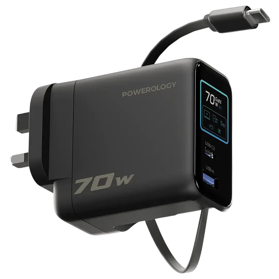 Powerology 70W TFT Adapter with Retractable Type-C Cable - Black