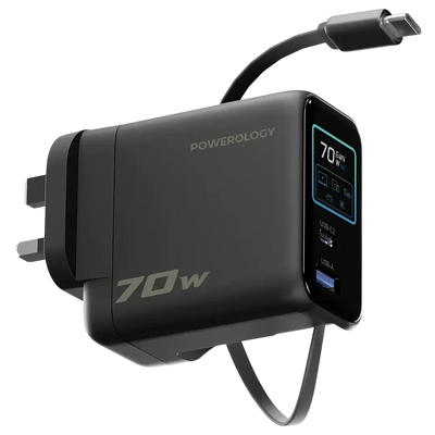 Powerology 70W TFT Adapter with Retractable Type-C Cable - Black