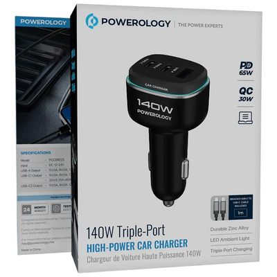 Powerology 140W Triple-Port High-Power Car Charger with USB-C to USB-C Cable