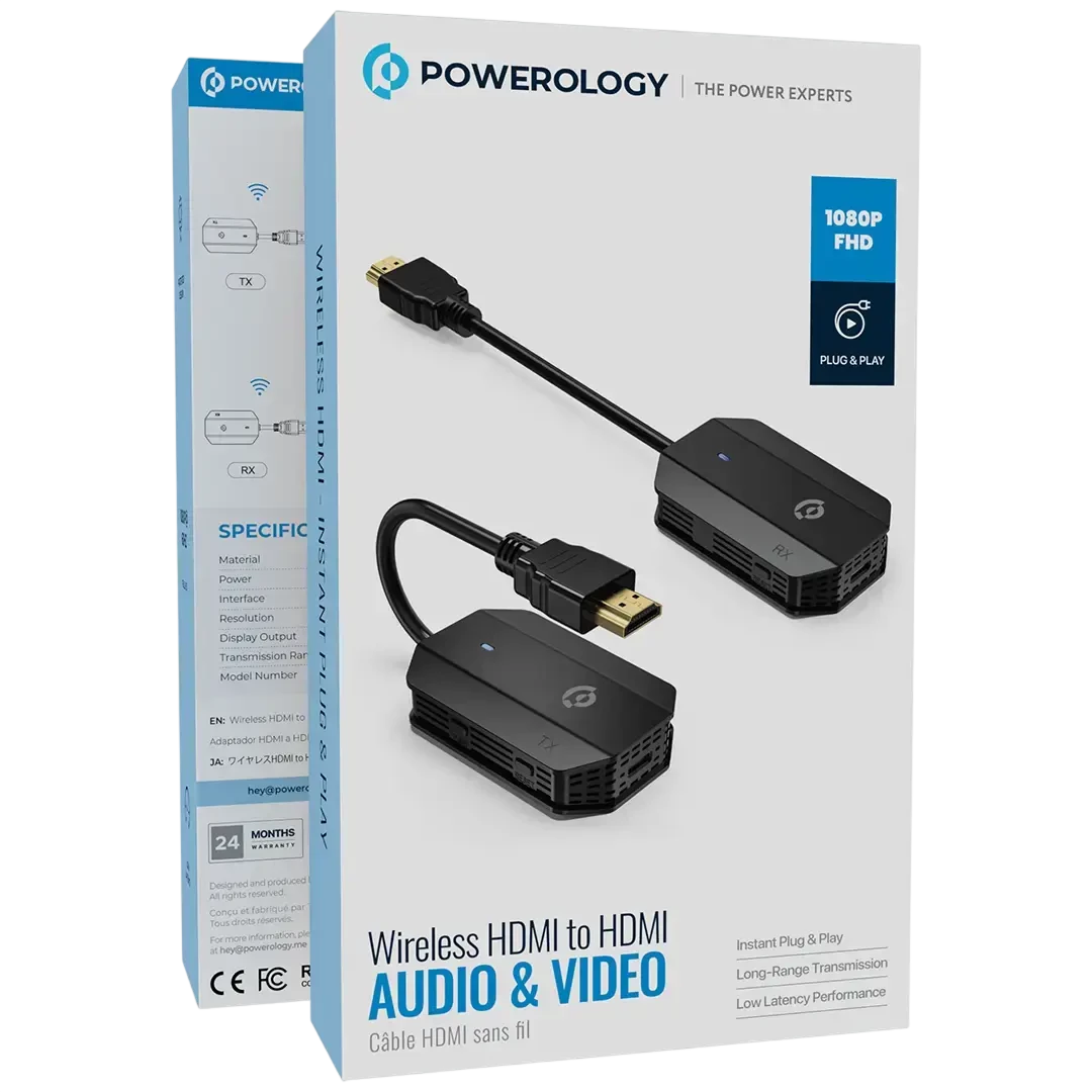 Powerology Wireless HDMI Mirroring Adaptor Pair with USB-C Cable Full HD 1080P - Black