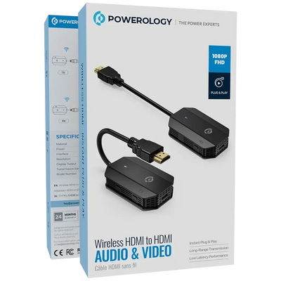 Powerology Wireless HDMI Mirroring Adaptor Pair with USB-C Cable Full HD 1080P - Black