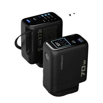 Powerology 70W TFT Adapter with Retractable Type-C Cable - Black