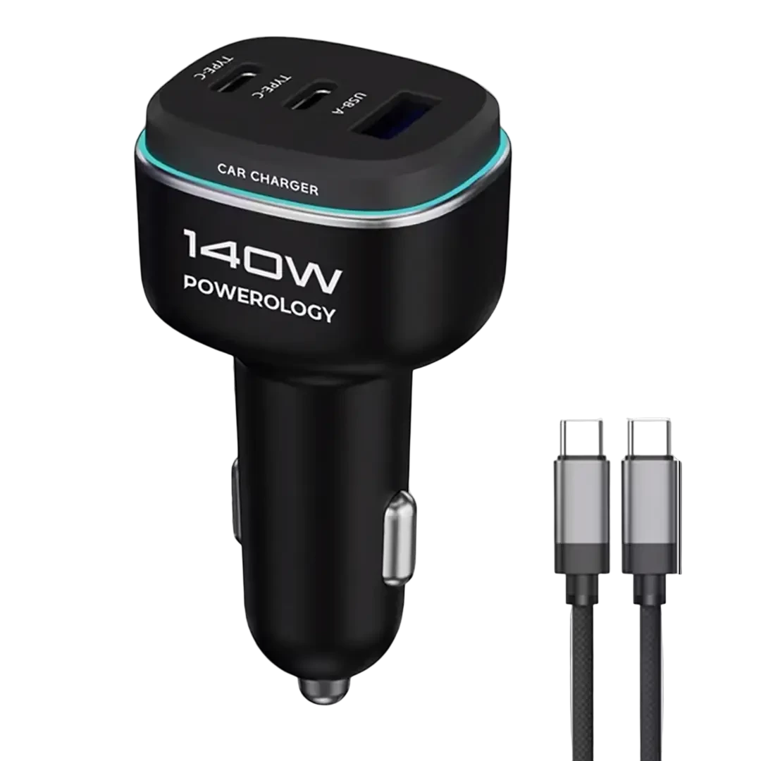 Powerology 140W Triple-Port High-Power Car Charger with USB-C to USB-C Cable