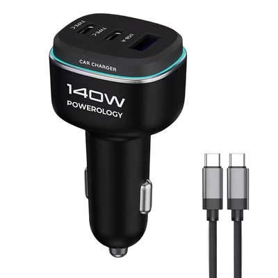 Powerology 140W Triple-Port High-Power Car Charger with USB-C to USB-C Cable
