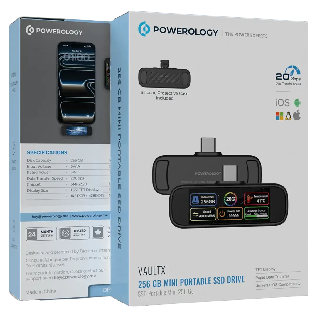 Powerology VaultX 256GB Mini Portable SSD Drive - Black