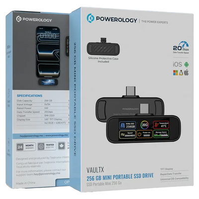 Powerology VaultX 256GB Mini Portable SSD Drive - Black